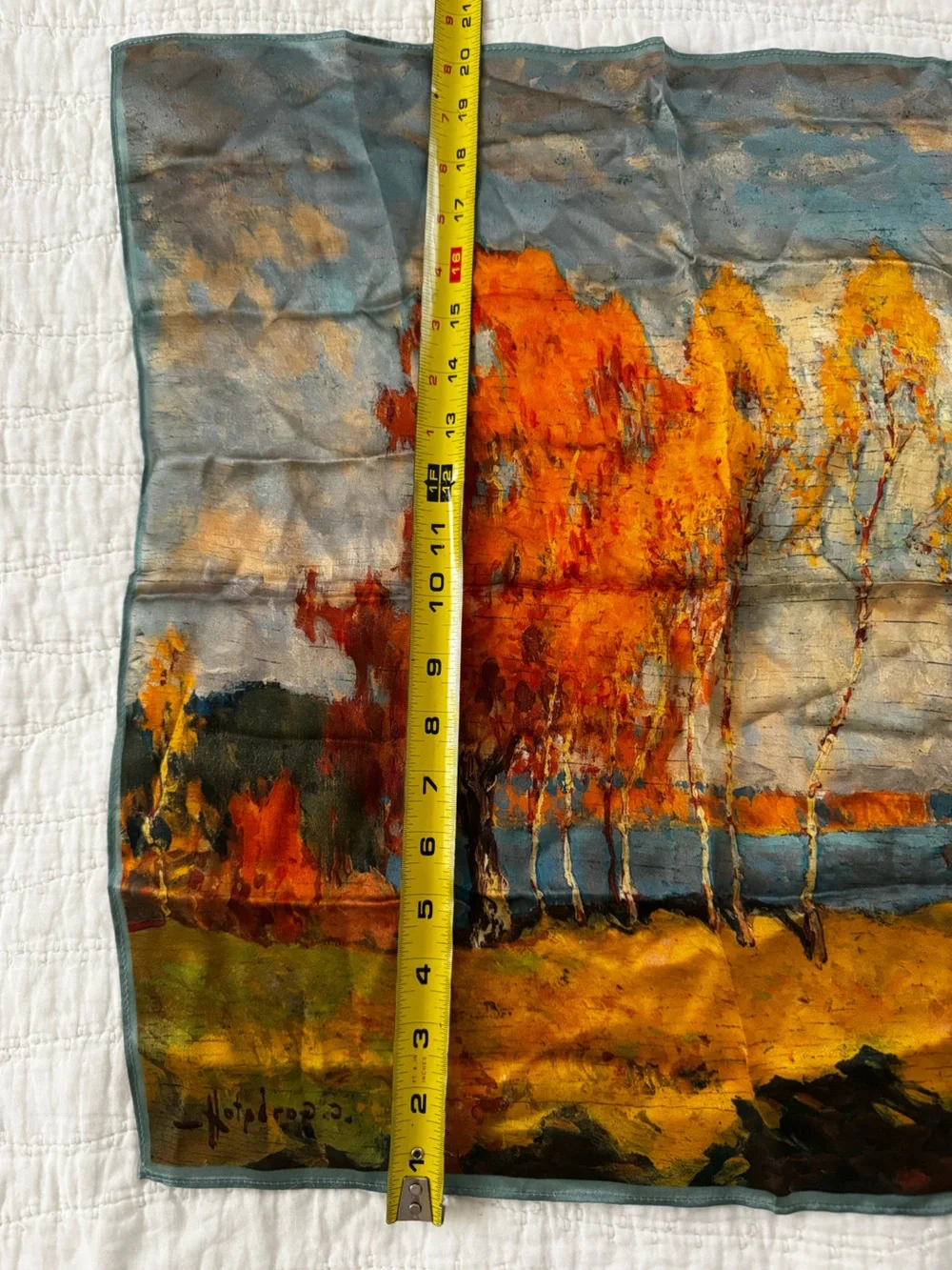 Silk Autumn Landscape Scarf Orange & Blue